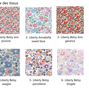 Puede incluir: Seis muestras de tela con patrones florales. Las muestras est&aacute;n etiquetadas con n&uacute;meros y nombres, incluyendo Liberty Betsy ann pivoine, Liberty Annabella sweet blue, Liberty Betsy Ann garance, Liberty Betsy asagao, Liberty Betsy porcelaine y Liberty Betsy drag&eacute;e.