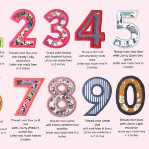 Letters and numbers to sew or glue in Liberty, 36 fabrics to choose from, 5 sizes, embroidery color of your choice image 5