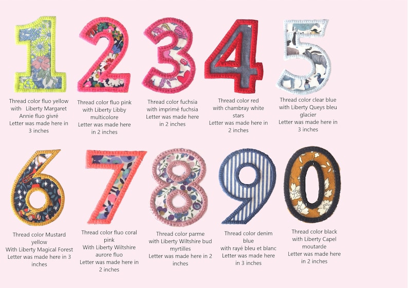 Letters and numbers to sew or glue in Liberty, 36 fabrics to choose from, 5 sizes, embroidery color of your choice image 5
