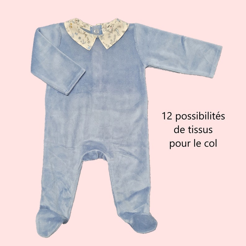 Pyjama bébé en jersey velours bleu jean col carré , pyjama bébé garçon, grenouillère bébé garçon image 1