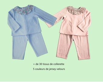 Pyjama 2 pièces sans pieds à personnaliser avec la collerette de votre choix parmi 40 tissus, 5 coloris de jersey velours