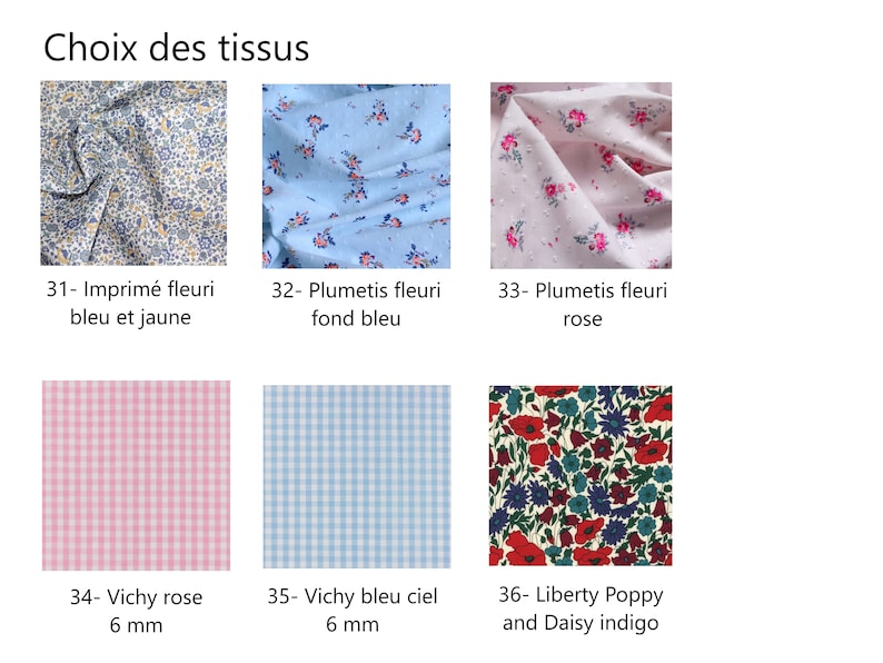Puede incluir: Seis muestras de tela para proyectos de costura. Las muestras incluyen un estampado floral azul y amarillo, un estampado floral azul claro, un estampado floral rosa, un vichy rosa, un vichy azul cielo y un estampado floral rojo y azul.