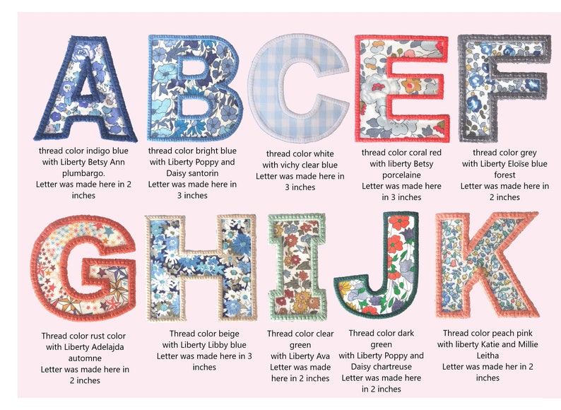 Letters and numbers to sew or glue in Liberty, 36 fabrics to choose from, 5 sizes, embroidery color of your choice image 2