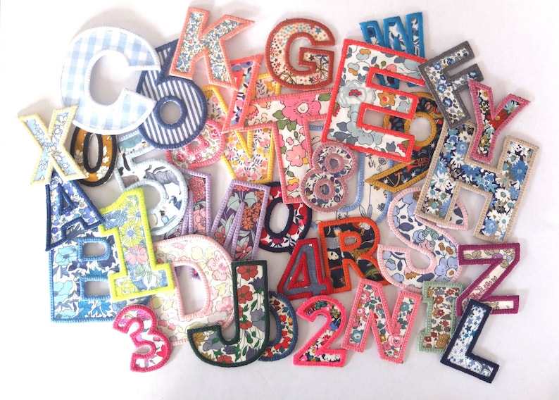 Letters and numbers to sew or glue in Liberty, 36 fabrics to choose from, 5 sizes, embroidery color of your choice image 1