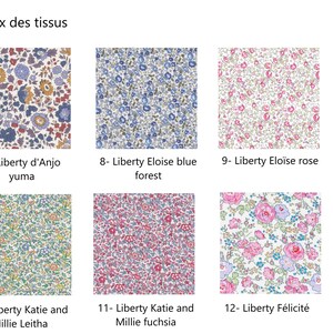 Puede incluir: Seis muestras de tela con patrones florales. Las muestras est&aacute;n etiquetadas con n&uacute;meros y nombres, incluyendo "Liberty d'Anjo Yuma", "Liberty Eloise azul bosque", "Liberty Elo&iuml;se rosa", "Liberty Katie y Millie Leitha", "Liberty Katie y Millie fucsia" y "Liberty F&eacute;licit&eacute;".