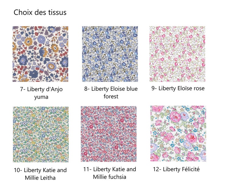 Puede incluir: Seis muestras de tela con patrones florales. Las muestras est&aacute;n etiquetadas con n&uacute;meros y nombres, incluyendo "Liberty d'Anjo Yuma", "Liberty Eloise azul bosque", "Liberty Elo&iuml;se rosa", "Liberty Katie y Millie Leitha", "Liberty Katie y Millie fucsia" y "Liberty F&eacute;licit&eacute;".