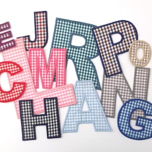 May include: A collection of fabric alphabet letters featuring a gingham check pattern in various colors including red, pink, blue, green, brown, black, and grey. Each letter has a stitched border and is arranged in a scattered, overlapping layout.