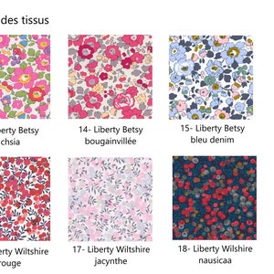 Puede incluir: Seis muestras de tela con patrones florales. Las muestras est&aacute;n etiquetadas con n&uacute;meros y nombres, incluyendo "Liberty Betsy fucsia", "Liberty Betsy buganvilla", "Liberty Betsy azul denim", "Liberty Wiltshire rojo", "Liberty Wiltshire jacinto" y "Liberty Wilshire nausicaa".