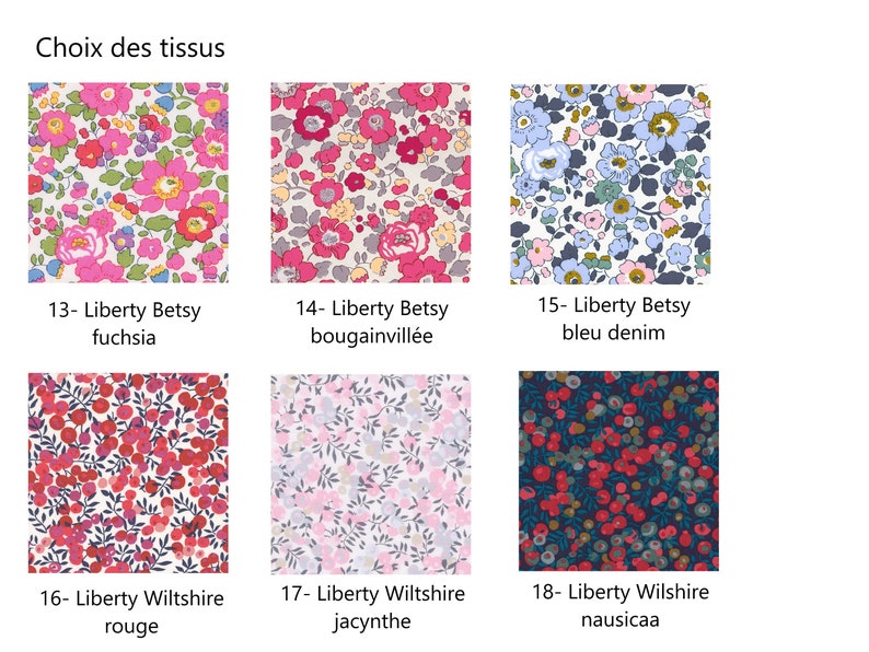 Puede incluir: Seis muestras de tela con patrones florales. Las muestras est&aacute;n etiquetadas con n&uacute;meros y nombres, incluyendo "Liberty Betsy fucsia", "Liberty Betsy buganvilla", "Liberty Betsy azul denim", "Liberty Wiltshire rojo", "Liberty Wiltshire jacinto" y "Liberty Wilshire nausicaa".