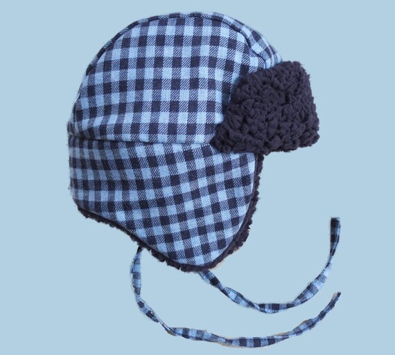 Chapka in Checked Flannel and Navy Blue Sheep Fur, 7 Sizes  display picture 2