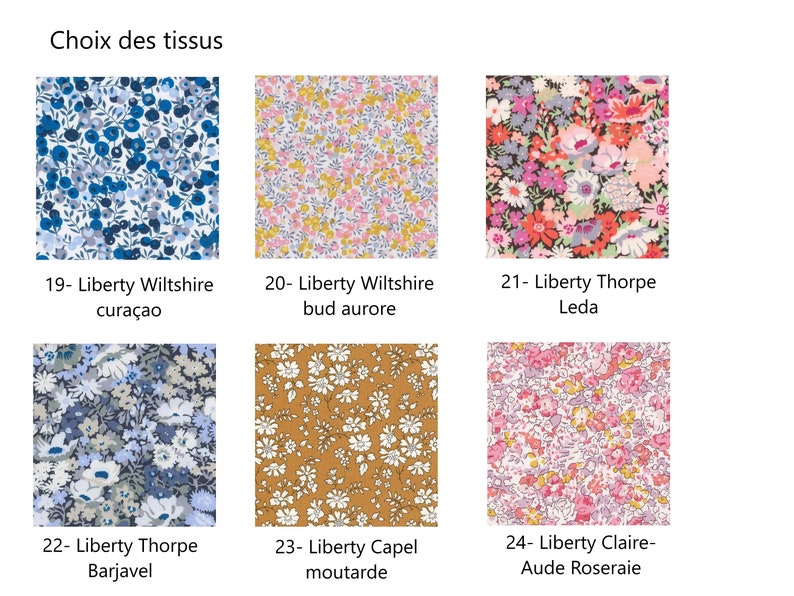 Puede incluir: Seis muestras de tela con patrones florales. Las muestras est&aacute;n etiquetadas con n&uacute;meros y nombres, incluyendo Liberty Wiltshire cura&ccedil;ao, Liberty Wiltshire bud aurore, Liberty Thorpe Leda, Liberty Thorpe Barjavel, Liberty Capel moutarde y Liberty Claire-Aude Roseraie.