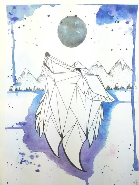 Watercolor And Ink Drawing Of A Geometric Wolf Howling At The Moon Background Of Mountains And Trees