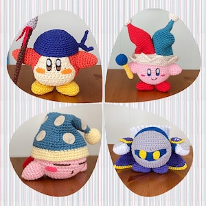 May include: Four crocheted plushies of different characters from the Kirby video game series. The plushies are all in different poses and have different facial expressions. The plushies are all made of yarn and have a variety of colors.