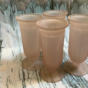 Vintage set of four frosted glass, pink sundae desserts, parfait dishes, 5 1/4 inches tall