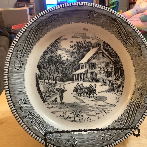 Currier and Ives Pie Plate Dish black and white Sleigh Ride.