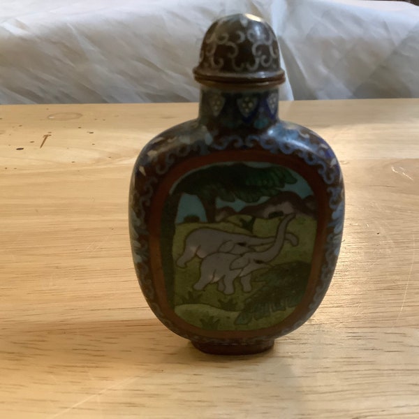Vintage Chinese Snuff Bottle Featuring Elephant images in Enamel on Copper
