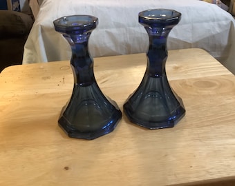 Brand New Virginia Blue 6” Candlestick by Fostoria Glass 1980. Set of 2