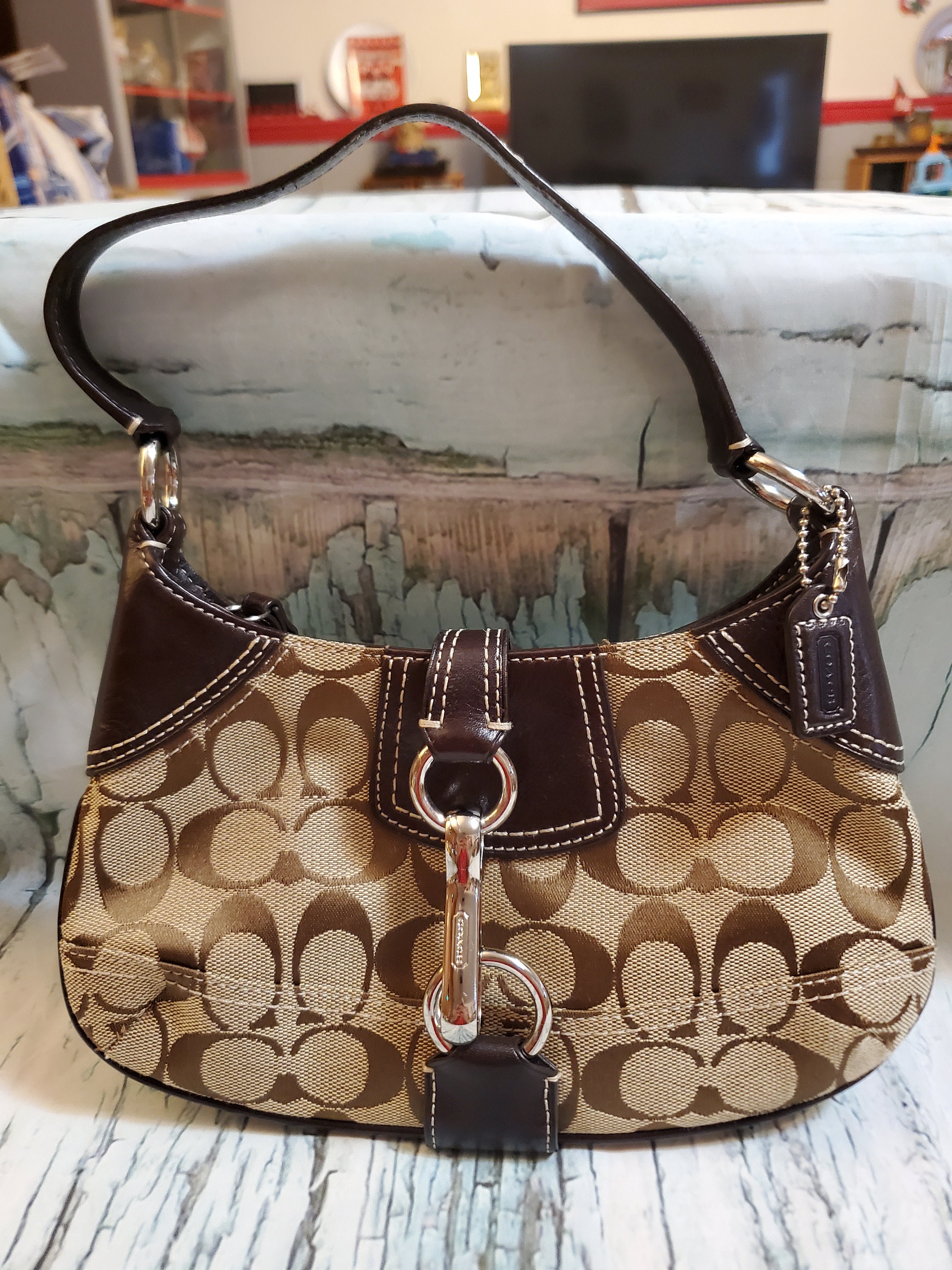 Coach Brown Leather Monogram Patchwork Pochette for Sale in