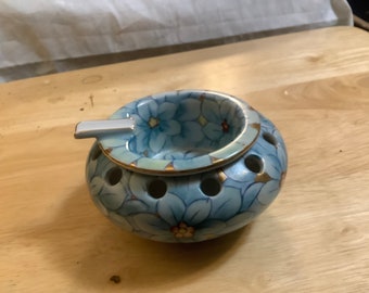 Lenwile Ardalt Ashtray: Hand-Painted Blue Floral China Chopstick Holder
