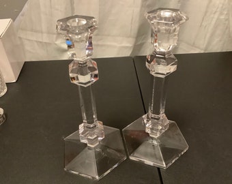 Pair of Clear Crystal Val St Lambert Candlesticks Tiny Chip on bottom of one of the candlesticks see photos. These stand 9.5” Tall.