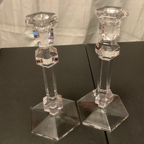 Pair of Clear Crystal Val St Lambert Candlesticks Tiny Chip on bottom of one of the candlesticks see photos. These stand 9.5” Tall.