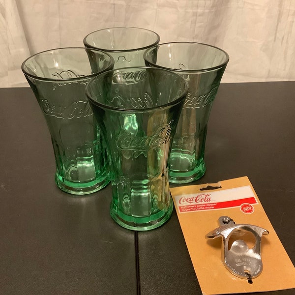 Set four green flared soda, fountain beverage glasses 6 1/4 inches tall and one new mountable Coca-Cola bottle opener