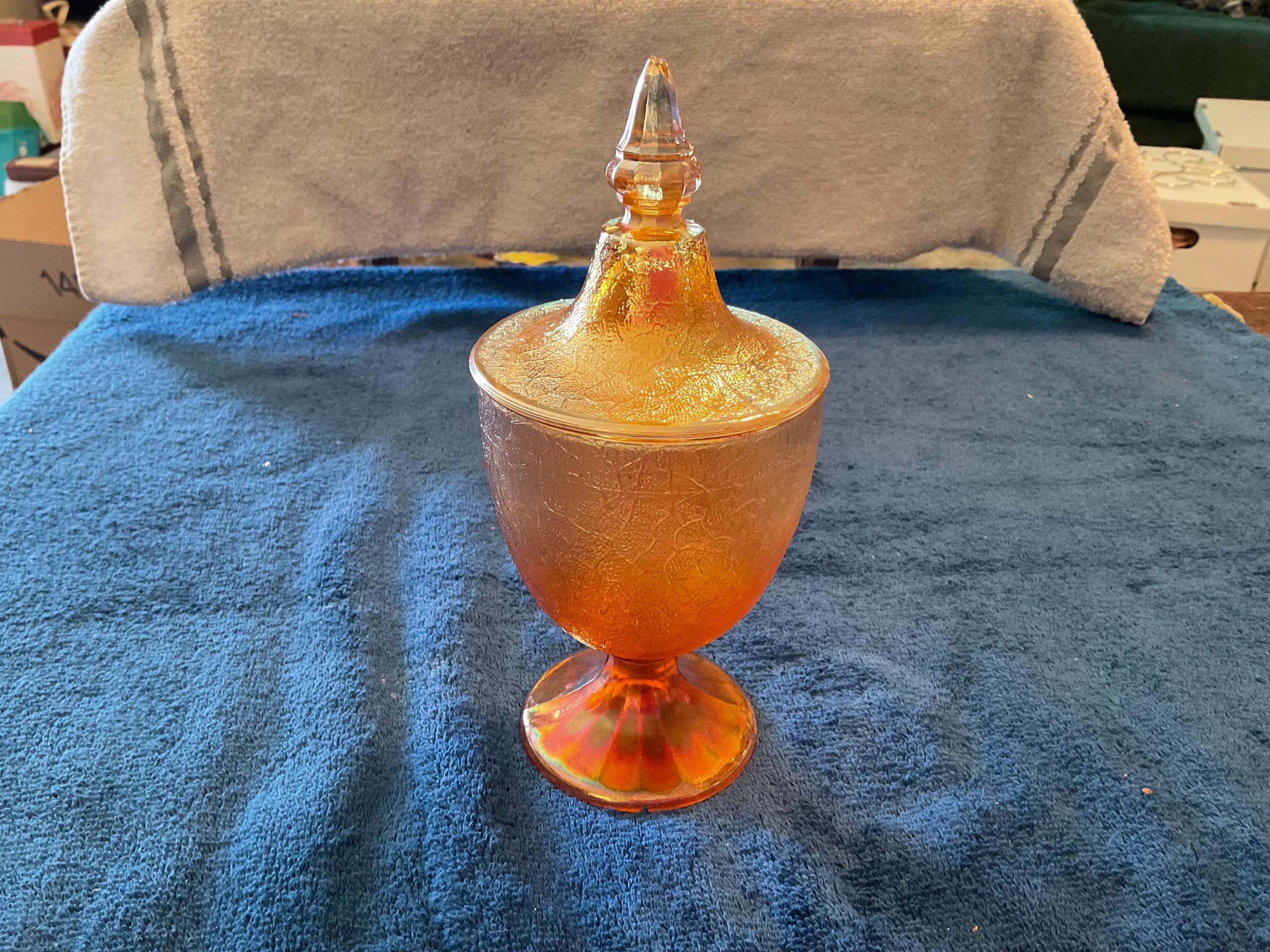 Marigold Iridescent Crackle Carnival Glass Pedestal Candy Dish Measures 8”