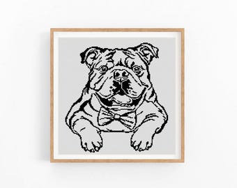 English Bulldog Dog Portrait Cross Stitch Pattern, One Color Modern XStitch Chart, Instant Download PDF