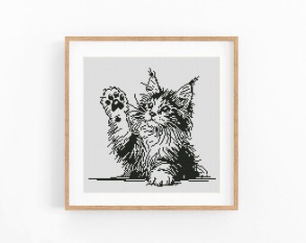 Modernt korsstygnsmönster för katt, enfärgad design, monokrom diagram (PDF-nedladdning)