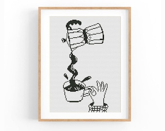 Wzór haftu krzyżykowego „Kawiarka” – nowoczesna sztuka kuchenna (do pobrania w formacie PDF)