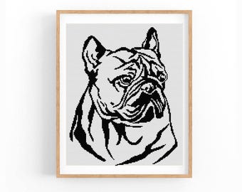 French Bulldog Dog Portrait Cross Stitch Pattern, One Color Modern XStitch Chart, Instant Download PDF
