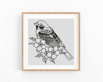 Bird on Flowering Branch Cross Stitch Pattern, Black Floral Line Art Chart, Spring Blossom Decor, Beginner Friendly, Instant Download PDF