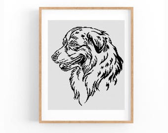 Australian Shepherd Dog Portrait Cross Stitch Pattern, One Color Modern XStitch Chart, Instant Download PDF