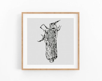 Wzór haftu krzyżykowego z kolbą kukurydzy, nowoczesna kuchnia kukurydziana, jednokolorowy projekt (do pobrania w formacie PDF)