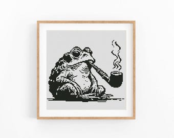 Żaba paląca fajkę – wzór haftu krzyżykowego, monochromatyczny wzór ze zwierzętami (do pobrania w formacie PDF)