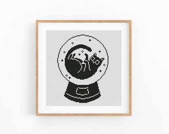 Black Cat in Snowball Modern Cross stitch pattern, Monochrome Counted xstitch chart, One Color Design, Instant download PDF