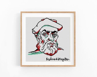 Ferdinand Magellan portrait counted cross stitch pattern. Portuguese explorer. Modern embroidery. Instant download PDF