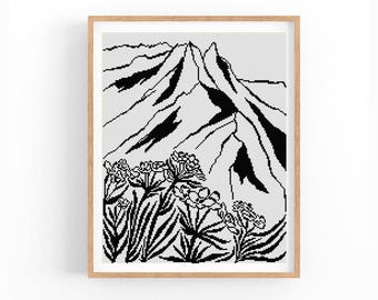 Mountain Landscape Cross Stitch Pattern, Wildflower Line Art PDF, Monochrome Chart, No AI X-Stitch