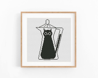 Black Cat Coffee Pot Cross Stitch Pattern, Modern Monochrome Xstitch Chart, No AI X-Stitch