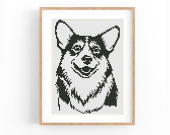 Welsh Corgi Cross Stitch Pattern PDF Beginner Friendly Dog Portrait, No AI X-Stitch, Pembroke Corgi Monochrome, Instant Download