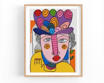 Large Abstract Cross Stitch Pattern, Colorful Modern Portrait x-stitch Chart, Vibrant Concept Art, Instant Download PDF