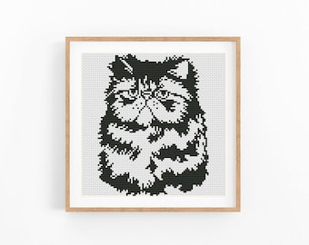 Persian Cat Cross Stitch Pattern Furry Kitty Tilted Head Monochrome No AI X-Stitch Instant Download Digital File