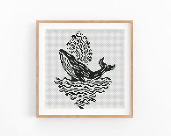 Whale Cross Stitch Pattern, Nautical Coastal Ocean Decor, Monochrome Minimal One Color, Pattern Keeper, Instant Download, Digital File