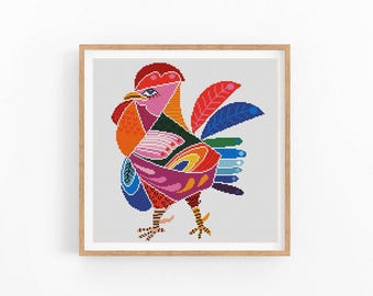 Abstract Rooster Cross Stitch Pattern, Colorful Modern x-stitch Chart, Cock Chicken Vibrant Concept Art, Instant Download PDF