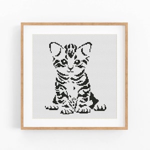 Puede incluir: Un punto de cruz enmarcado de un gatito en blanco y negro. El gatito está sentado erguido con las patas delanteras visibles. La obra de arte está en un marco de madera y se exhibe sobre un fondo blanco.