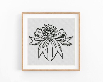 Schema per punto croce con fiocco di fiori in stile retrò, rose monocromatiche (download in PDF)