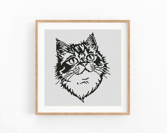 Schema moderno per punto croce con gatto, design monocromatico a un colore (download PDF)