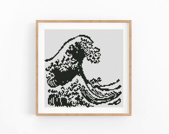 Wave Cross Stitch Pattern, Monochrome Ocean Sketch, Nautical Coastal Decor PDF Download