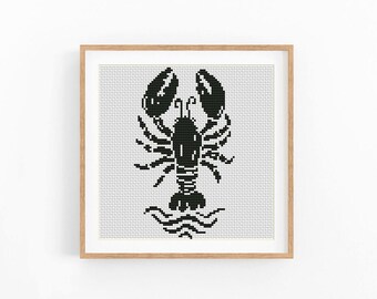 Lobster Cross Stitch Pattern, Black and White Nautical Chart, Ocean Waves Coastal Wall Decor, Beginner Friendly, Instant Download PDF