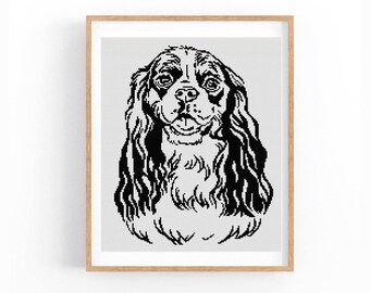 Cavalier King Charles Spaniel Dog Portrait Cross Stitch Pattern, One Color Modern XStitch Chart, Instant Download PDF